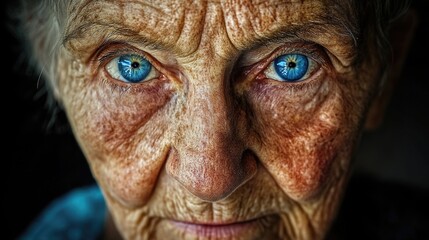 A close-up shot of a person's face with striking blue eyes