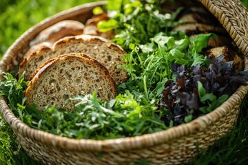 A colorful and diverse selection of fresh breads arranged in a wicker basket