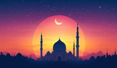 Mosque sunset silhouette, night sky, cityscape, Ramadan greeting