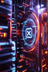 A close-up shot of a computer screen featuring a glowing symbol