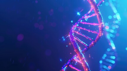 3d rendering DNA gene helix blue neon glowing molecule on blue background. Generated AI