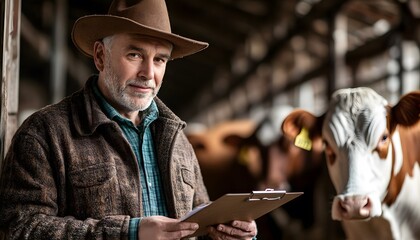 Farmer with clipboard stands in barn with his cows