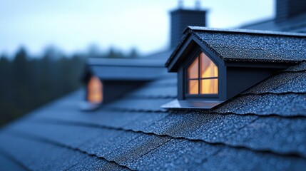Illuminated dormer windows on a dark roof at dusk