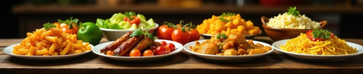 Mesa de banquete con diferentes tipos de comida, alimentos, panes