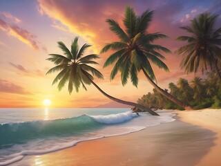 Beautiful sunset over the sea with coconut tree at summer time
