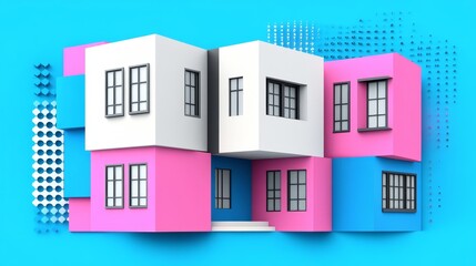 Abstract Modern House Design Colorful Cubes Architectural Blocks 3D Illustration