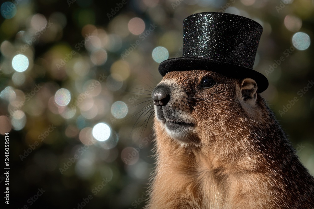 Poster A groundhog dressed up in a black top hat, ideal for use as a unique and quirky illustration or design element