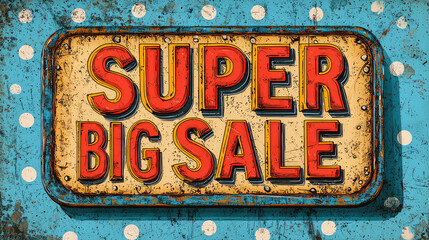 Rustic metal sign announcing a "Super Big Sale" on a polka dot background.