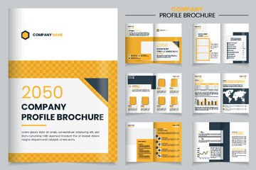  Corporate modern bi fold brochure template and company profile with yellow and black creative shapes,  Company profile brochure showcasing business highlights