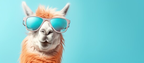 Portrait of a funny Llama with glasses isolated on yellow background