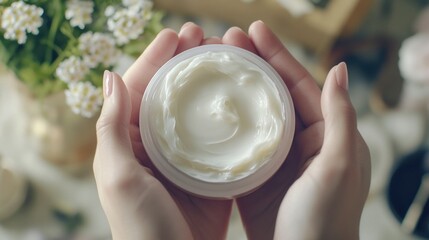 A person holds a jar of creamy substance, possibly for cooking or beauty purposes