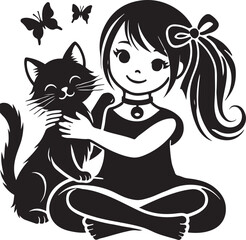 A Girl with a Cat icon silhouette vector with white background