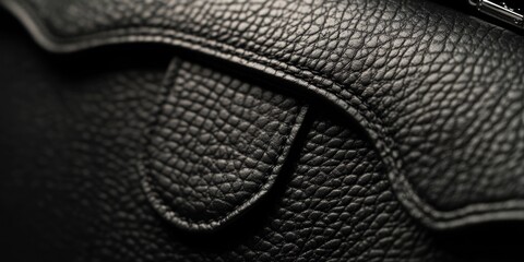 A close-up view of a black leather bag with intricate details and textures