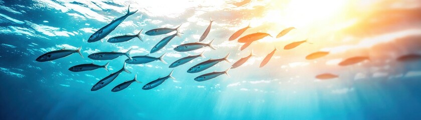 Fototapeta premium Underwater scene showcasing a school of fish with sunlight rays.