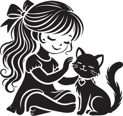 A Girl with a Cat icon silhouette vector with white background