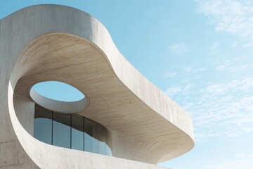 A modern building with a unique circular window design against a blue sky