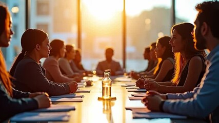 Golden Hour Meeting:  A diverse group of professionals gathered around a conference table, bathed in the warm glow of the setting sun, creating a serene and productive atmosphere.  