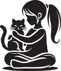 A Girl with a Cat icon silhouette vector with white background