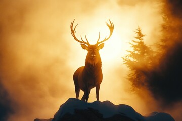 A deer stands at the top of a snow-covered hill, looking out over the landscape