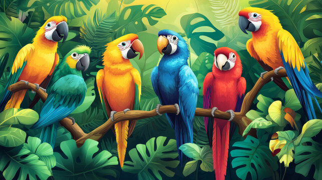 Cute cartoon parrot with colorful feathers. Vector illustration set of tropical birds mascot. Exotic jungle standing yellow and grey birdie with beak and wings. Wild cheerful animal .with funny faces