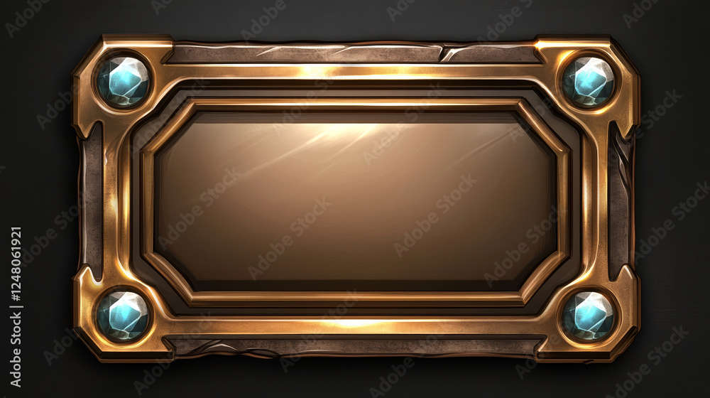 Wall mural medieval bronze game button. isolated fantasy interface title. metal border with gem vector design. 