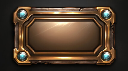 Medieval bronze game button. Isolated fantasy interface title. Metal border with gem vector design. Ancient rectangle rank panel. Cartoon long blank board for mobile app or web banner.
