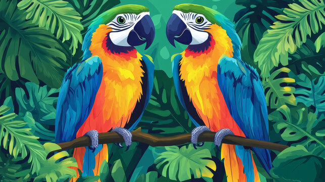 Cute cartoon parrot with colorful feathers. Vector illustration set of tropical birds mascot. Exotic jungle standing yellow and grey birdie with beak and wings. Wild cheerful animal .with funny faces