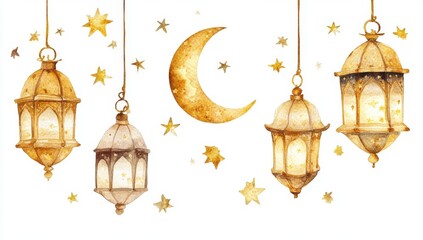Festive Ramadan lanterns, stars, moon; watercolor, greeting card