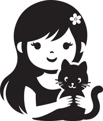 A Girl with a Cat icon silhouette vector with white background