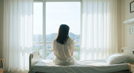 病院のベッドの上に座っている若い女性｜後ろ姿｜入院患者