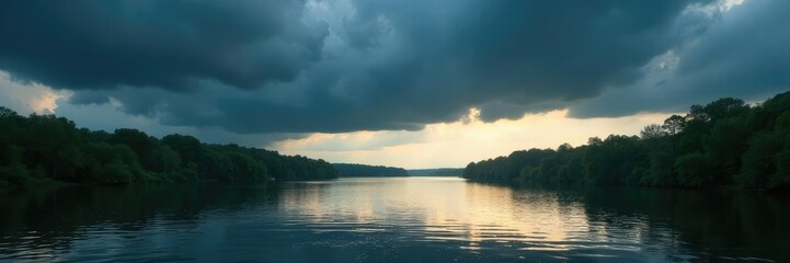 Fototapeta premium Dark stormy clouds above a serene river with peaceful ripples, shadows, sunlight filtering, serenity