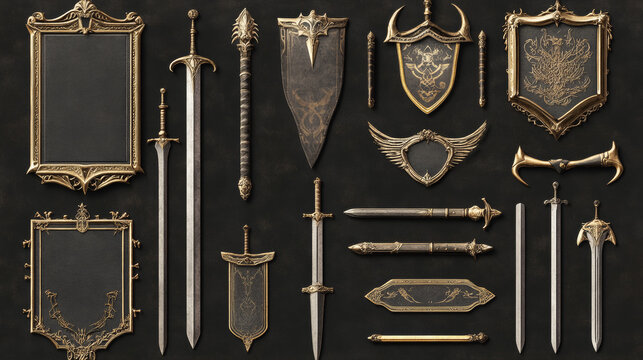 Fantasy frames with medieval weapon for rpg game ui design. Vector cartoon set of empty banners with old gold and silver borders, sword, arrows, horns and flags isolated on black background