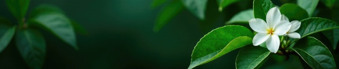 Dark, glossy background with lush green leaves and a few jasmine flowers in the foreground, blossom, isolated