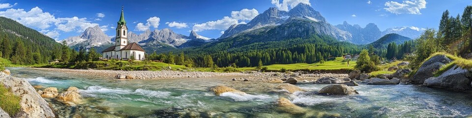 A picturesque church situated amidst a mountain valley landscape