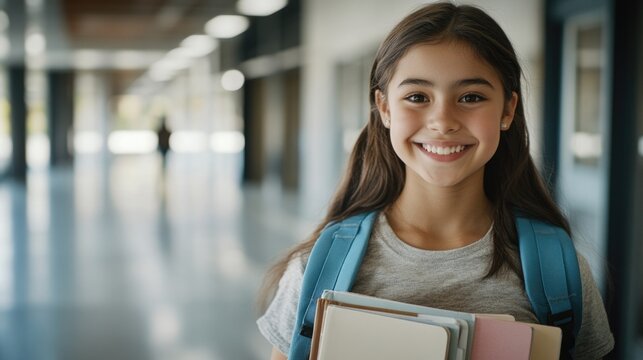 A girl with a backpack and books in a typical school hallway setting, suitable for education or student-themed projects