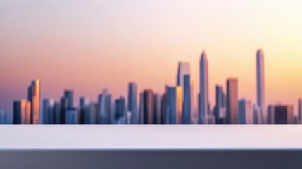 Obraz premium City skyline at sunset with a blurred foreground, showcasing modern architecture and warm colors.