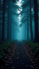 Obraz premium Dark forest path with a faint blue gradient blur effect, path, woods, blur