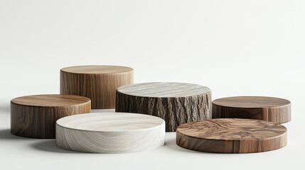 Brown wooden plates as product display podium. 3D render vector illustration set of round and rectangular flat floor pedestal with light wood texture. Natural mockup of cosmetic production stand.