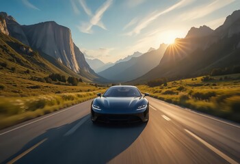 A sleek sports car speeds along a winding mountain road, surrounded by lush green fields, towering cliffs, and a bright sky.