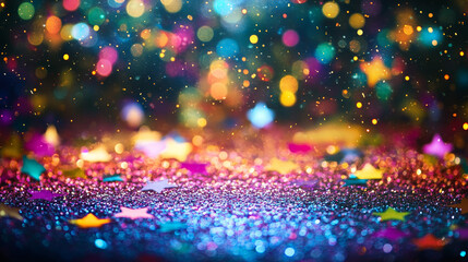 Festive texture with neon rainbow confetti and glitter on black background. Vector carnival background with light effects and flying bright iridescent sprinkles, stars, dots and ribbons