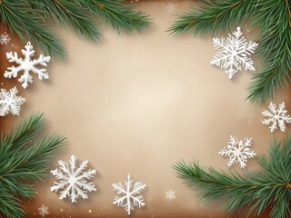 Christmas background. Spruce branch and snowflakes frame