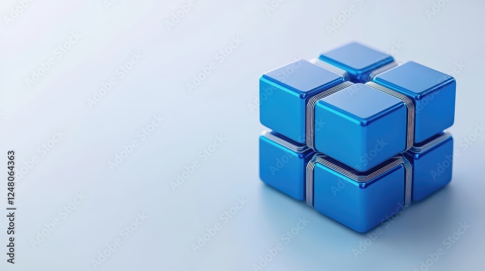 Poster blue 3d cubes arranged in a cluster on a soft blue background.