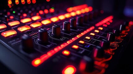 Illuminated music mixer controls, studio night