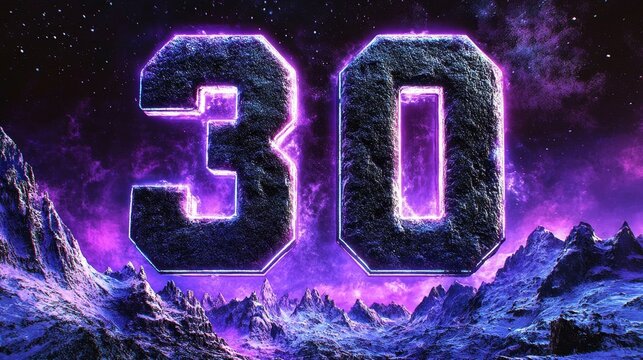Cosmic Number Thirty: Glittering Galactic Typography on a Purple Nebula Background