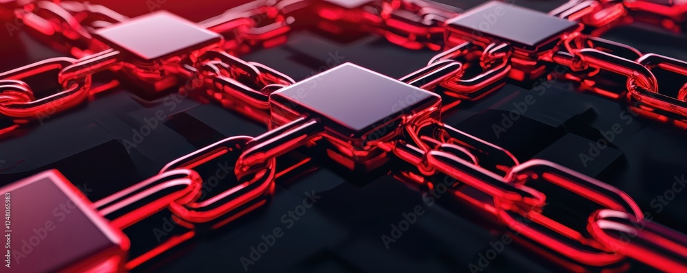 Poster red metallic chains interlinked on a dark background, featuring square elements.