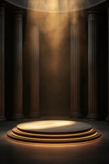 Obraz premium Illuminated stage, ancient columns, smoky backdrop, product display