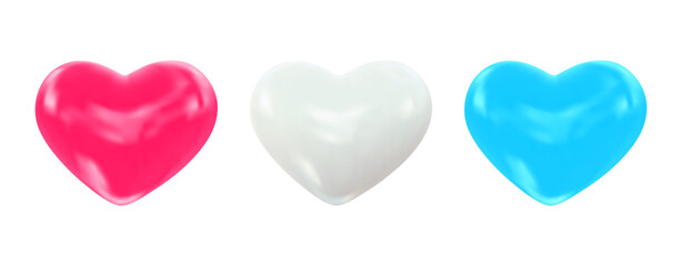 Valentine's Day 3d elements collection from glossy hearts white, pink, blue colors. Vector Illustration for design romantic events, valentine, certificate, banner