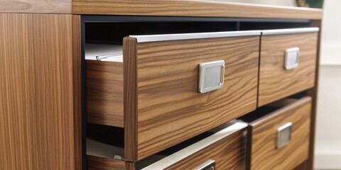 Close-up view of a drawer with multiple drawers, often used in furniture or storage settings