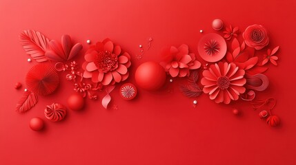 Obraz premium Vibrant Red Floral Composition with Paper Flowers, Balls, and Leaves on Solid Red Background