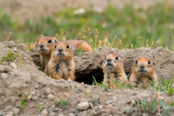 Fototapeta premium Prairie dog family watching around their hole